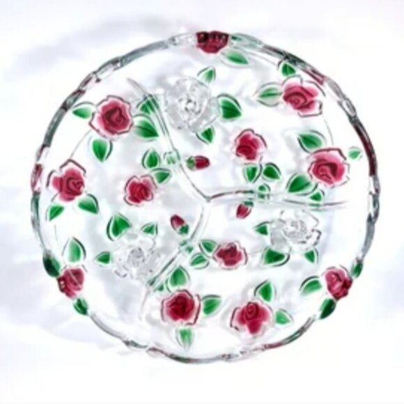 Vintage 13" MIKASA Glass Rose Garden 3 Section Divided Serving Platter - Picture 5 of 5
